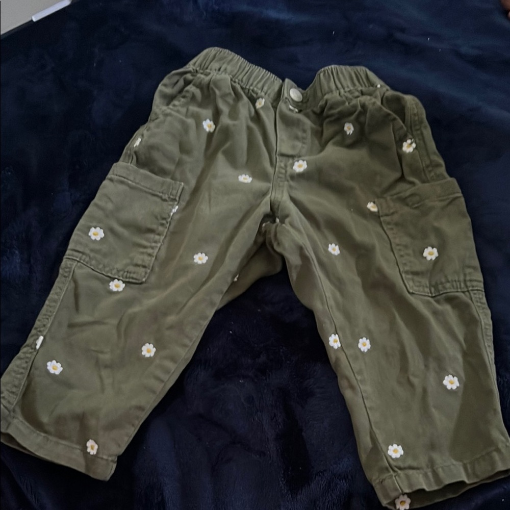 Olive Green Kids Cargo Pants with Floral Print